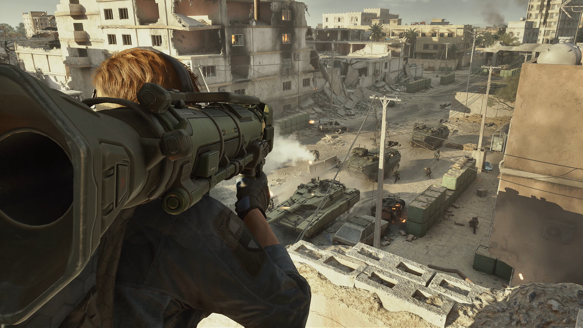 Hazard Operations extraction scene: squad of operators securing an extraction zone landing pad while defensive smoke grenade clouds deploy near concrete hangars