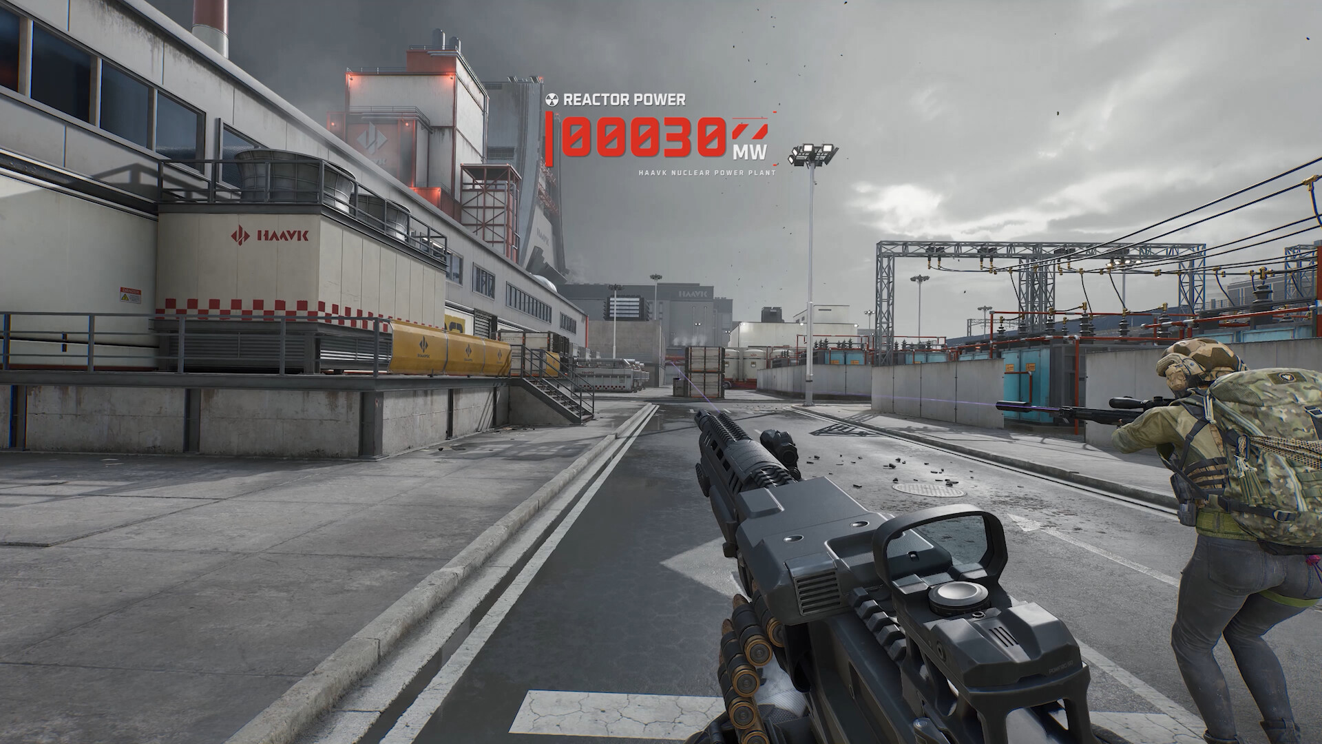 Close-quarters combat action in an urban interior corridor: squad clearing corners with tactical laser sights and flash-bang breaching tactics