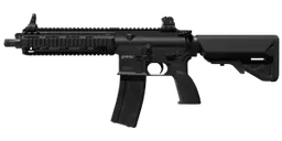 K416 assault rifle: Heckler Koch-style short-stroke gas piston carbine with quad-rail handguard, collapsible stock and red dot optic